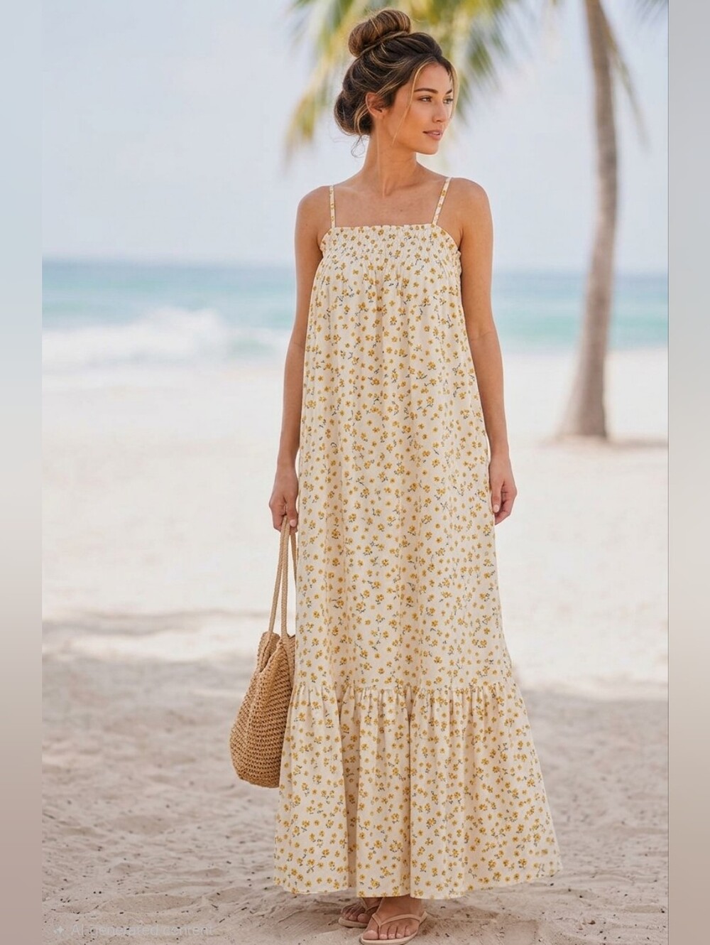 WeWoreWhat Sunflower Smocked Tiered Maxi Dress Cream Yellow Small